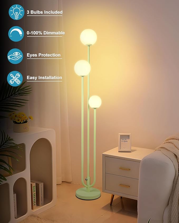 Lightdot 63IN Floor Lamp with 3 Green U-Pole, Modern Floor Lamp with 3000K Soft Warm White LED Bulbs Included, Candle Holder Style Modern Tall Lamp for Living Room/Wedding/Party