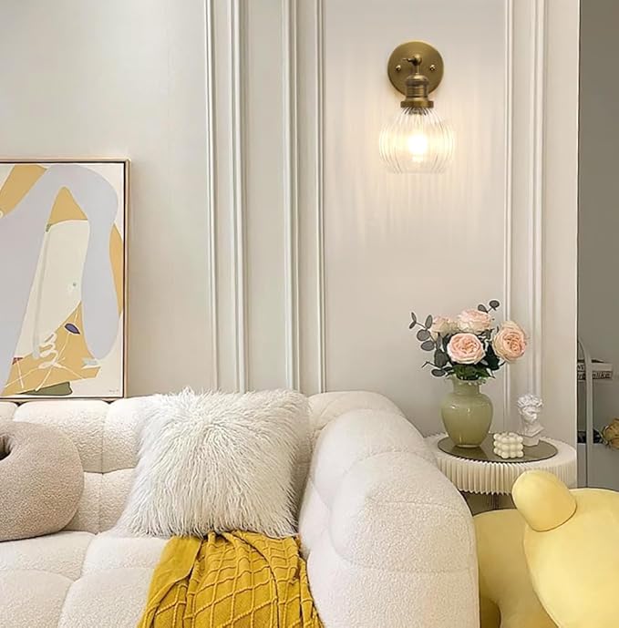 Vintage Wall Sconce 1-Light with Clear Striped Glass Globe Shade, Hardwired Modern Indoor Wall Vanity Light Fixture for Farmhouse Living Room Bedroom Bathroom