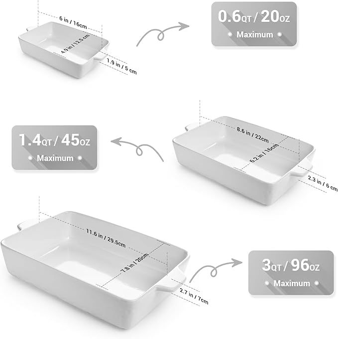 Casserole Dishes for Oven, Ceramic Baking Dishes, Lasagna Pan with Handles, Porcelain Baking Pan Deep, Bakeware for Baking, Cooking, Wedding Gift, Set of 3 (11.6" x 7.8", White)