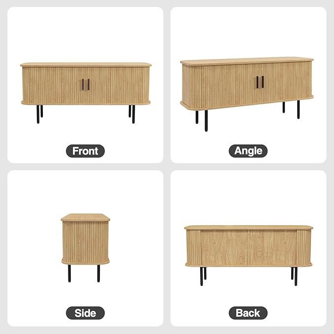 47" Natural Fluted TV Stand for TVs up to 60 Inch, Gaming Entertainment Center with Tambour Slatted Sliding Doors and Storage Cabinet, Media TV Consoles Table for Living Room, Office