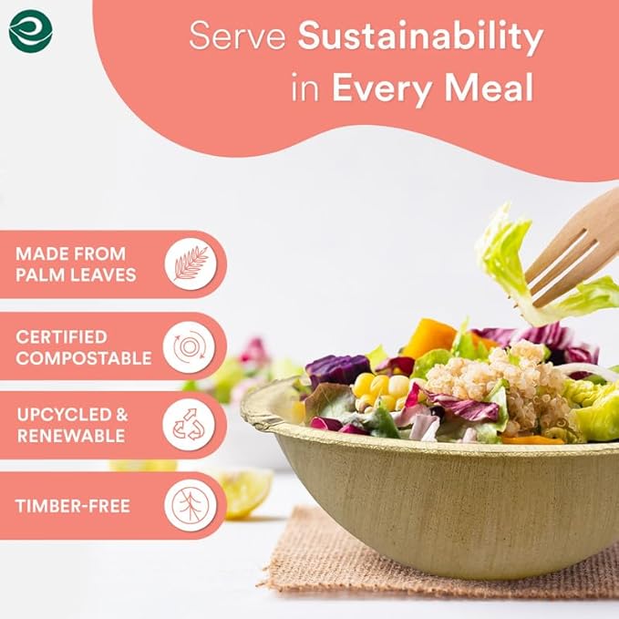 ECO SOUL Palm Leaf Bowl 200 pc, Small 6" (16 Oz) | Round Like Bamboo Bowls, Compostable, Biodegradable, Disposable Palm Leaf Bowls Eco-friendly | Sturdy, Microwave & Oven Safe