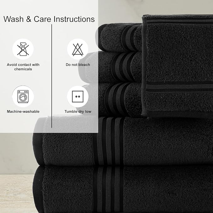 CASA COPENHAGEN Zero Twist, 6Pieces 100% Cotton Towel Set- Bright Black, 600 GSM, 2Bath, 2Hand, 2Washcloths Made from Egyptian Cotton, Ultra Soft Luxury Towels for Hotel Spa Kitchen Bathroom & Shower