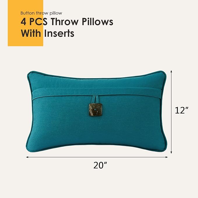 Outdoor Sunbrella Decorative Pillows with Coconut Button Pack of 4, 20" x 12" Outdoor Pillow Set for Couch Bed Throw Patio Sofa, Spectrum Peacock