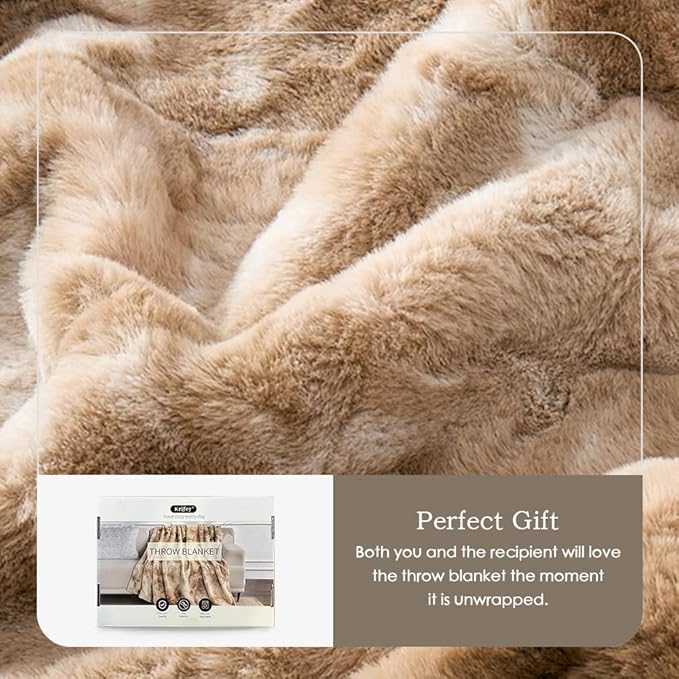 Krifey Faux Fur Throw Blanket, Super Soft Cozy Blanket, Luxury Fluffy Blanket Warm Bed Throw, Plush for Women, Marbled Beige 50" x 60"