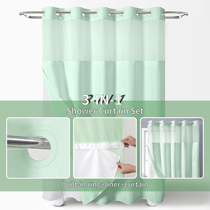 Mint Green No Hook Shower Curtain with Snap-in Fabric Liner Set,Slub Textured Fabric Shower Curtains for Bathroom,Hotel Style Modern Shower Curtain,Water Repellent & Washable,71x74(72)