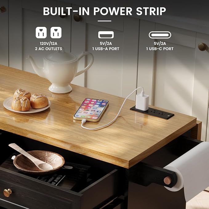 COCO DESIGN 60" Rolling Kitchen Cart with Power Strip & Drop Leaf, Thick Countertop, Large Storage Cabinet & Drawers, Mobile Island with Locking Wheels, Towel Rack and Spice Rack for Kitchen, Black