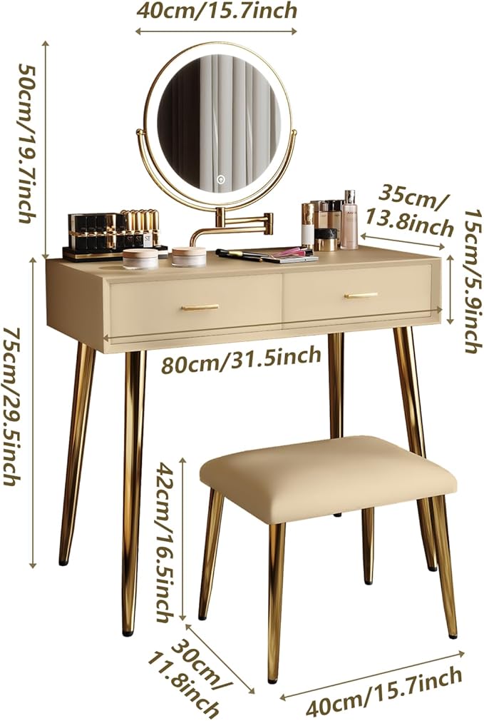 IKuinen Makeup Vanity Desk with Mirror and Lights, Small Vanity Table with 2 Drawers,Vanity Set for Bedroom with Microfiber Leather, 3 Lighting Modes - 31.5In Coffee