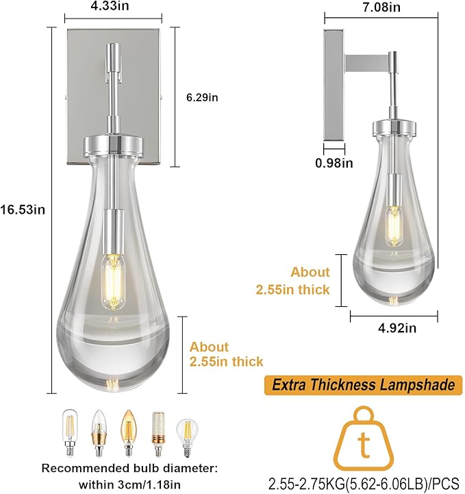 Raindrop Wall Sconces Chrome Sconces Wall Decor Modern Brass Wall Lighting Glass Bathroom Sconces Indoor Vanity Light Wall Lamp for Bedroom Living Room Stair (1 Pack)