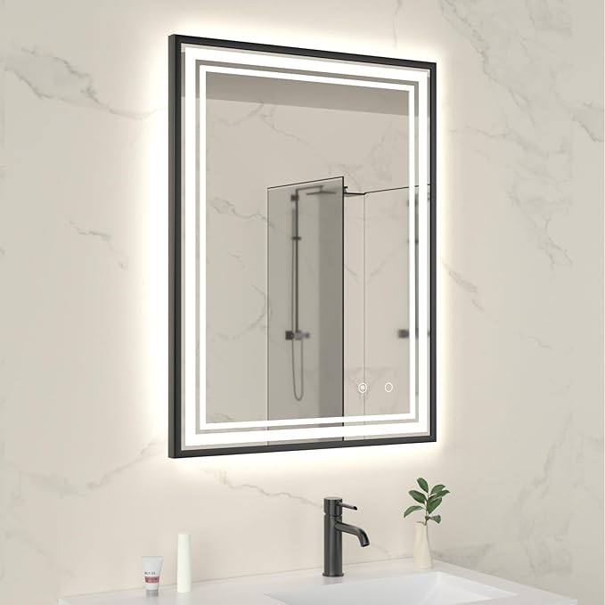 24" x 32" LED Bathroom Mirror with Lights Black Framed LED Mirror for Bathroom Lighted Bathroom Mirror Backlit and Front Black Aluminum Frame Anti-Fog Dimmable Vanity Adjustable Memory