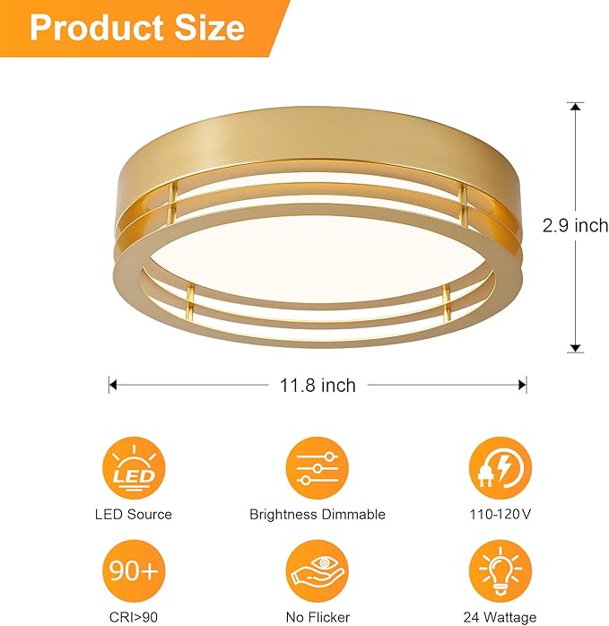 Dimmable Gold Flush Mount Ceiling Light, Modern Round LED Ceiling Lights Fixture, Kitchen Flushmount Light for Bedroom Hallway Laundry Room 2700 K-6000 K 5CCT