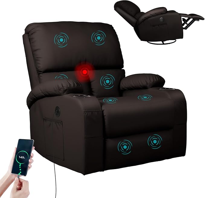 Rocking Recliner Chair, Massage Rocker Recliner Chair with Vibration Massage and Heat, USB and Type-C Ports,360° Swivel Faux Leather Chairs, Living Room, Bedroom, Nursery, RV, Brown