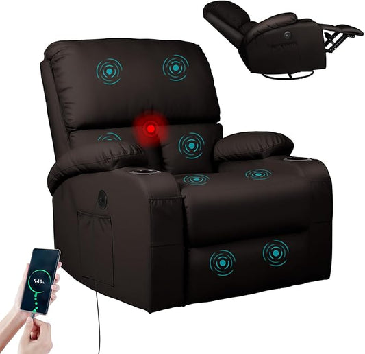 Rocking Recliner Chair, Massage Rocker Recliner Chair with Vibration Massage and Heat, USB and Type-C Ports,360° Swivel Faux Leather Chairs, Living Room, Bedroom, Nursery, RV, Brown