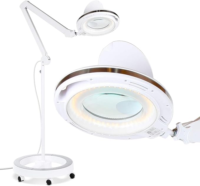 Brightech LightView Pro Magnifying Glass with Light and Stand, Magnifying Floor Lamp with a 6-Wheel Rolling Base for Facials, Lash Estheticians, Dimmable LED Work Light for Sewing, Crafts