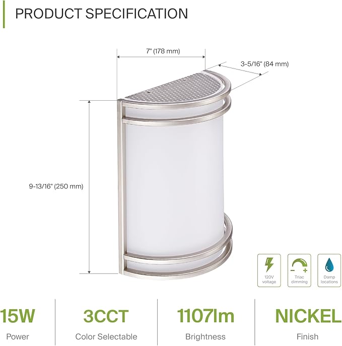 ASD LED Indoor Wall Mount Light Fixture - 10 Inch Modern Interior Brushed Nickel Wall Sconce Lighting - 3000K 4000K 5000K Adjustable - Half Cylinder Hallway Light Fixture - ETL & Energy Star