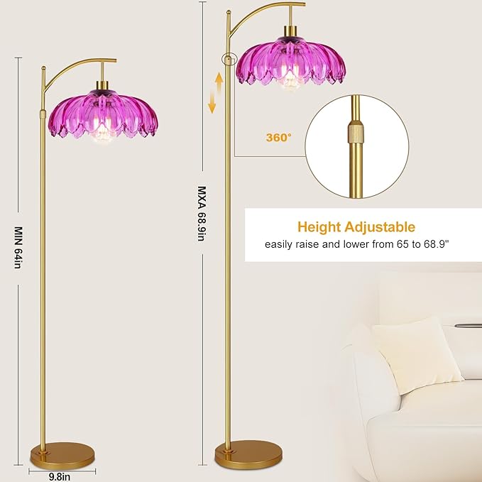 Vintage Floor Lamps for Living Room Arc Floor Lamp with Remote Control & Glass Lampshade,Mid Century Modern Standing Lamp Gold Tall Flower Lamp for Bedroom Living Room Corner