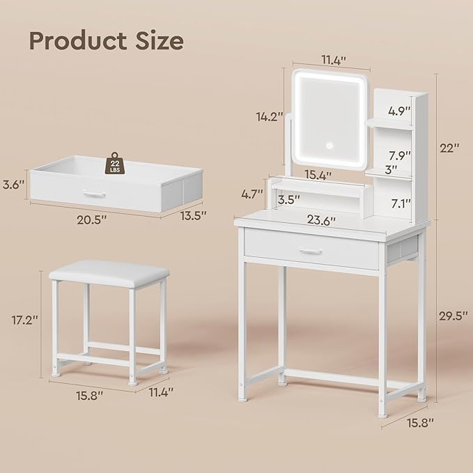 Makeup Vanity Desk with Mirror and Lights, Small Vanity with Fabric Storage Drawer & Chair & Shelves, White Compact Makeup Vanity Set for Bedroom