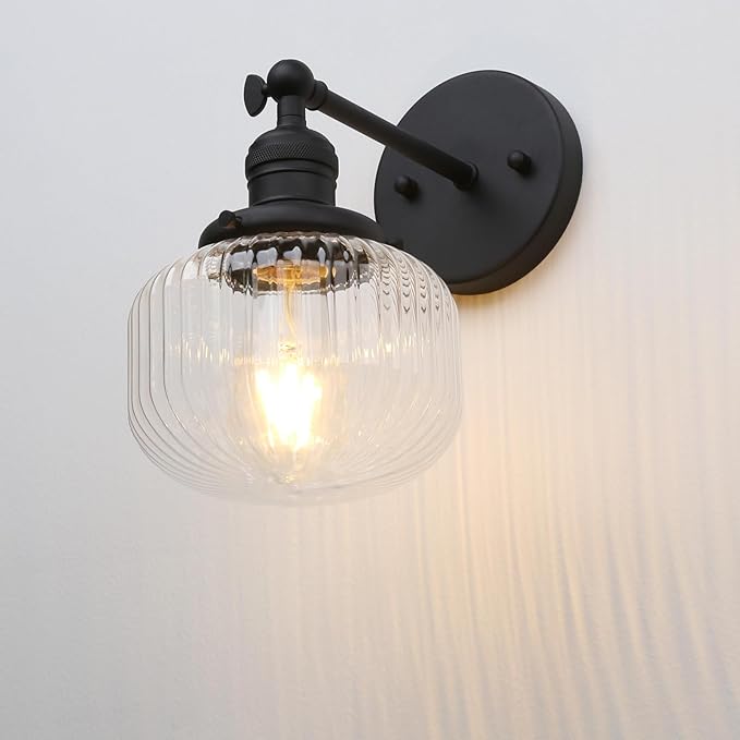 Industrial Vintage Wall Sconce 1-Light with Clear Striped Glass Globe Shade Indoor Wall Mounted Lamp Fixture (Black)