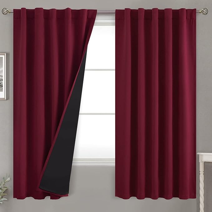 BGment Full Blackout Curtains with Insulated Lining Curtains 63 Inches Long，Rod Pocket and Back Tab Double Layer Room Darkening Window Curtain for Bedroom(42 x 63 Inch, 2 Panels, Burgundy Red)