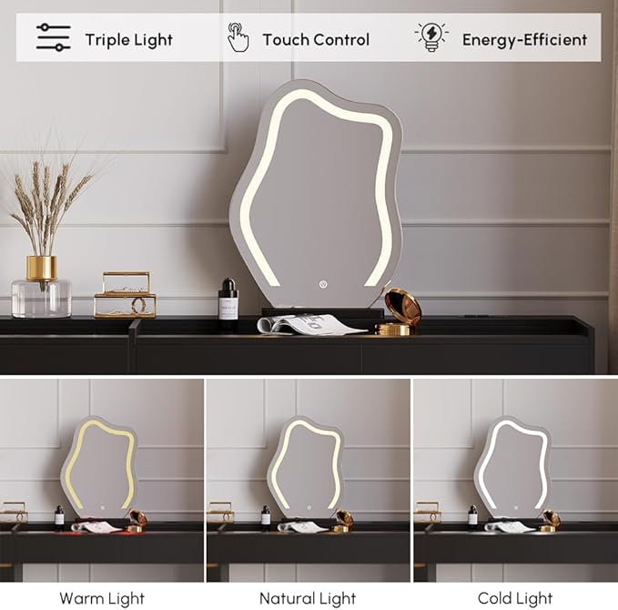 homary Vanity Desk with LED Mirror, Makeup Vanity with Power Outlet and Tempered Glass Top, Makeup Table with 6 Drawers, 3 Lighting Modes Vanity Table with Chair for Bedroom