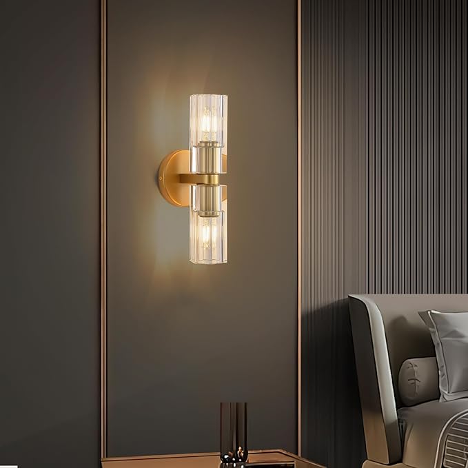 Modern Crystal Wall Sconces 2 Light,K9 Crystal Brass Sconces Wall Lighting,Crystal Modern Wall Sconces Indoor Wall Sconce Bedroom Wall Sconce for Bathroom,Stairway,Entryway,Hallway, Living