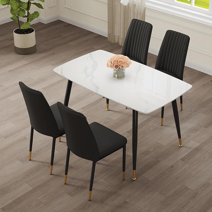 50" White Marble Dining Table Set for 4 - Sintered Stone Tabletop & 4 Upholstered PU Leather Chairs - Modern Dining Room Set for Small Spaces (1 White Table + 4 Black Chairs)