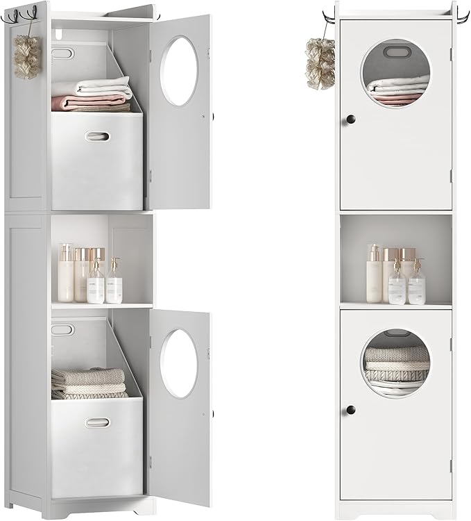 Laundry Hamper Cabinet, Tall Bathroom Storage Cabinet with 2 Removable Laundry Storage Baskets, Hidden Laundry Hamper with 2 Doors and Double Clothes-Toss Round Holes for Bathroom, White