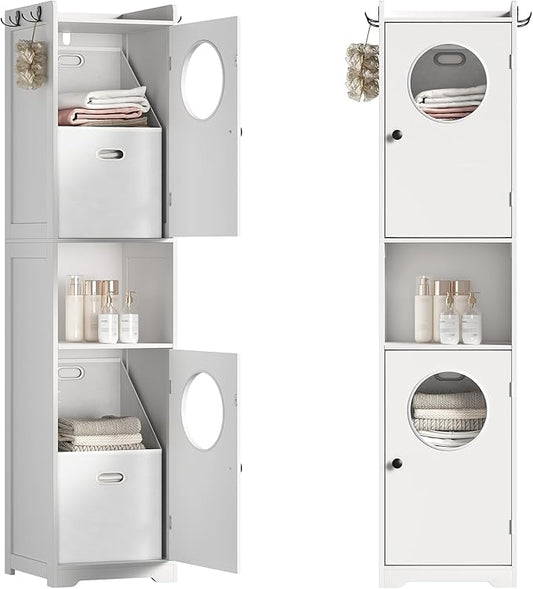 Laundry Hamper Cabinet, Tall Bathroom Storage Cabinet with 2 Removable Laundry Storage Baskets, Hidden Laundry Hamper with 2 Doors and Double Clothes-Toss Round Holes for Bathroom, White