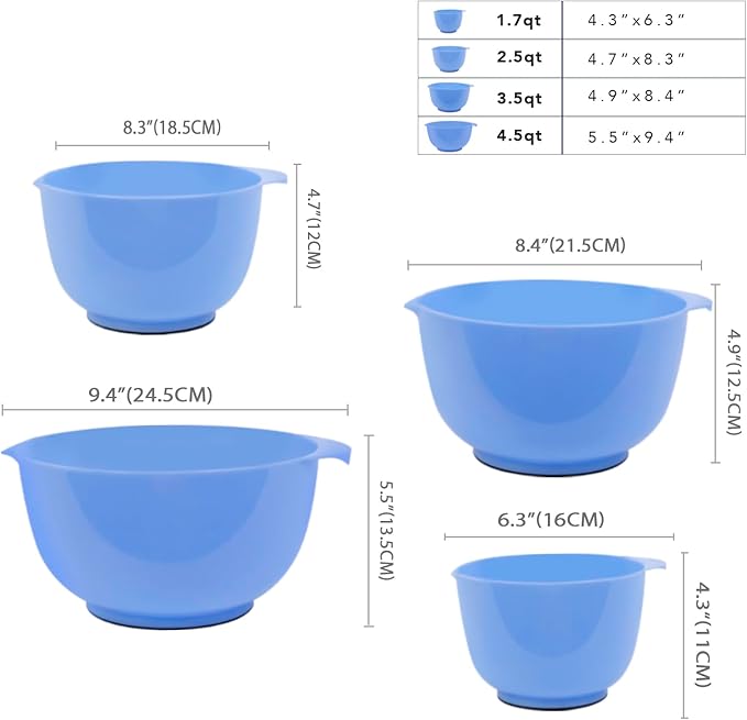 BoxedHome 4 Quart Large Plastic Mixing Bowls, Microwave Safe Mixing Bowl Set with Pour Spout, Nesting Bowls for Space Saving Storage(Violet Blue)
