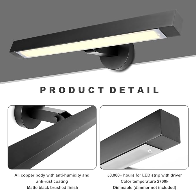 Black Picture Light, 24inch Hardwired Picture Lights for Wall,270°Rotatable LED Linear Picture Art Lights,Dimmable Picture Frame Light Bathroom Lighting Sconces for Living Room, Hallway,Kitchen