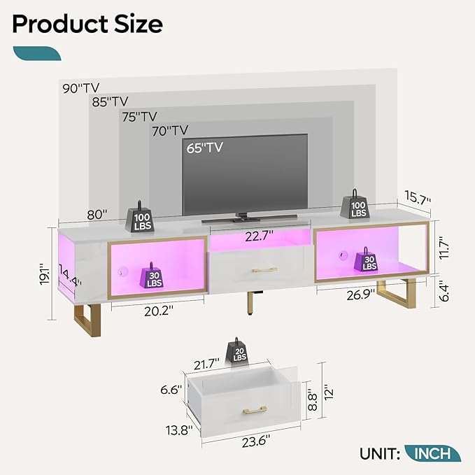 Bestier 80 Inch TV Stand for 65/75/85/90 Inch TVs, LED Gaming Entertainment Center with Open Storage and Half-Glass Design Drawer, Modern High Gloss Media Console for Living Room, White and Gold