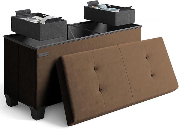 STORAGEBUD Storage Ottoman Bench with Bins, 30-in Storage Bench for Bedroom End of Bed, Folding Foot Rest Ottoman for Living Room Max 660lbs, Velvet Ottomans, Brown