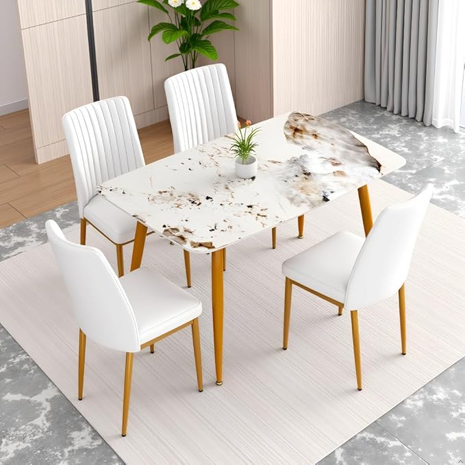 62" Marble Dining Room Table Set for 4 Rectangle Modern Dinner Table with Sintered Stone Top Golden Metal Legs Kitchen Table Chair Set for Dining Room (62" Golden+4White Chairs)