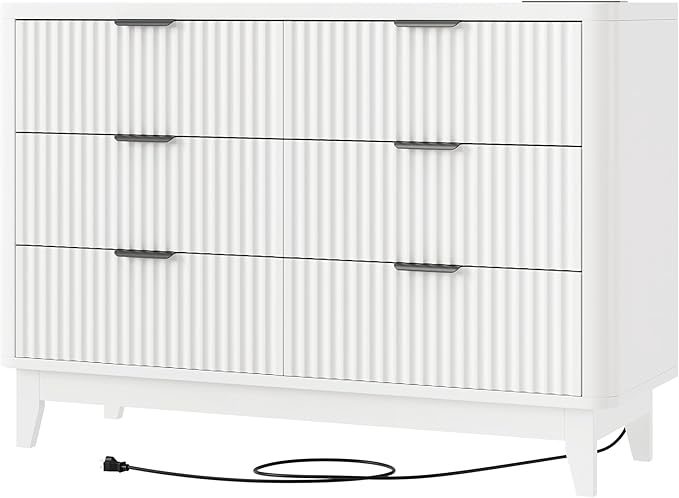HAIOOU Fluted 6 Drawer Dresser with Power Outlet, 47.2” Wide Modern Chest of Drawers, Curved Profile Design Wooden Dresser for Bedroom, Clothing Storage Organizer TV Stand for Closet - White