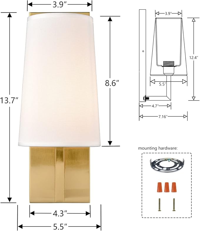 Gold Wall Sconces Set of Two Mid-Century Modern Fabric Shade Sconces Wall Lighting Indoor Brass Wall Lamp for Bedroom Hallway Living Room