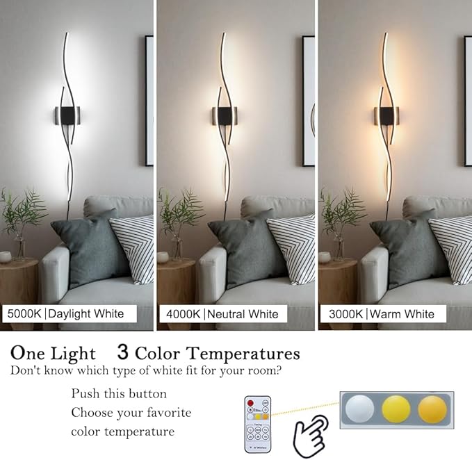 Modern Plug in Wall Sconces Set of Two, RC Dimmable LED Plug in Wall Light, Black Sconce Wall Lighting for Living Room, Hallway, Bedroom
