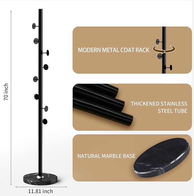 Modern Metal Coat Rack Stand with Natural Marble Base, Heavy Duty Coat Rack Freestanding with 8 Hooks, BlackStanding Coat Racks Hall Tree Stand for Bag, Jacket, Entryway Office