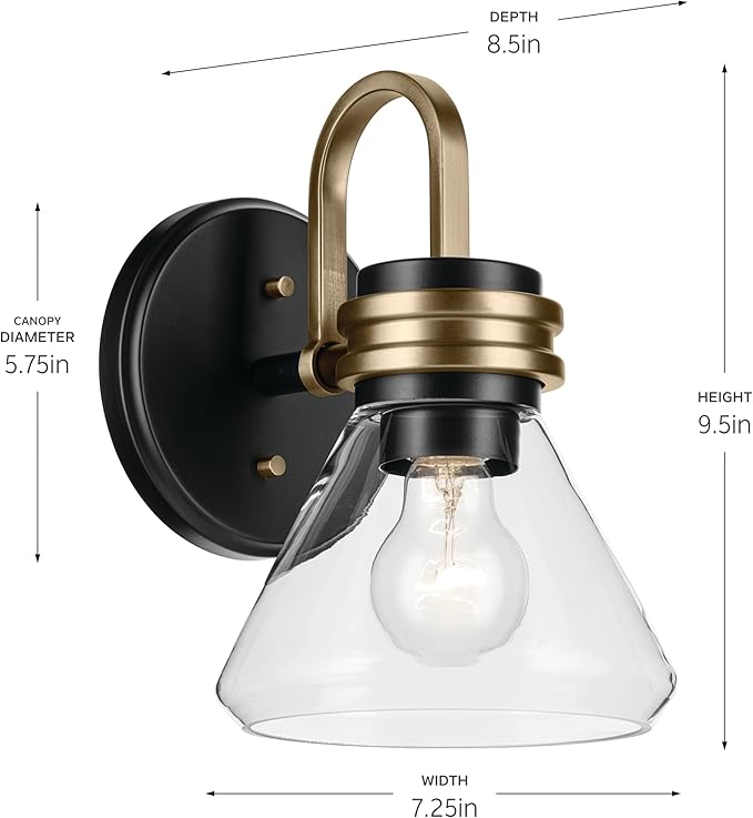 Kichler Farum 7.25" 1-Light Wall Sconce with Clear Glass in Black, for Fireplace, Kitchen, Bedroom, Hallway, or Vanity, (7.25" W x 9.5" H) 55153BKCLR