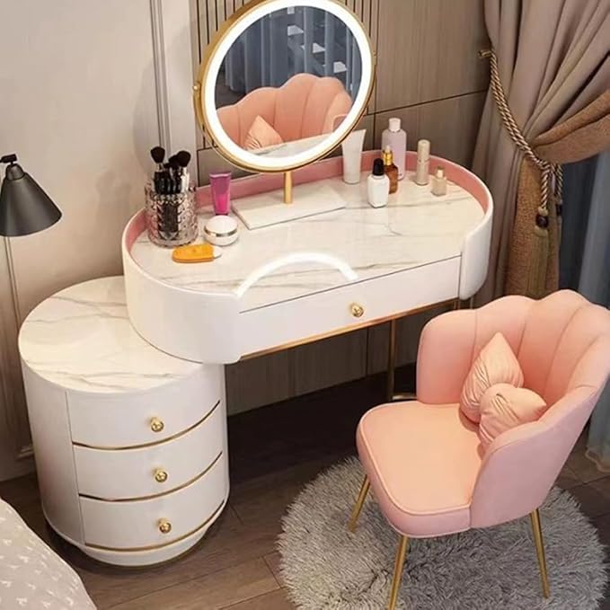 KWOKING Contemporary Make-up Vanity with Slate Stone Top & Storage Drawers Bedroom Dressing Table Storage Cabinet Integrated Table Pink - Makeup Vanity & Mirror & Petal Chair 31" L x 16" W x 31" H