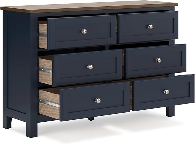 Signature Design by Ashley Landocken Shaker 6-Drawer Dresser with Metal Knobs, Light Brown & Blue