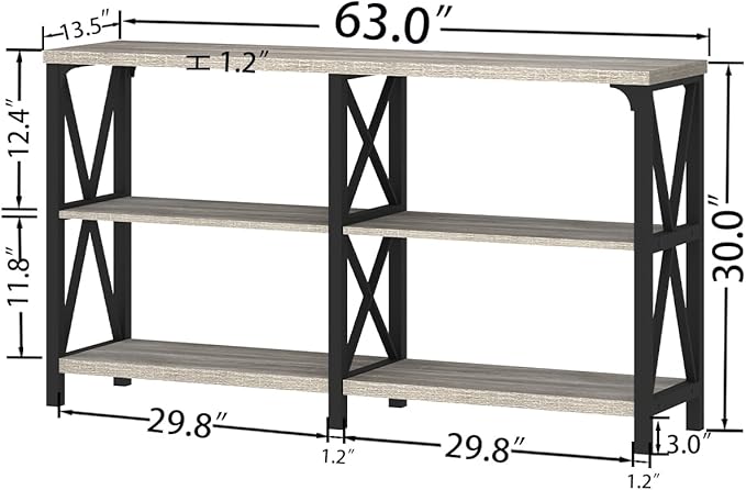 IBF Long Entryway Console Table, Industrial Metal Wood Entry Table with Storage Shelves, Modern Rustic 3 Tier Sofa Table for Entry Way Hallway Behind Couch Living Room Bedroom, Light Grey Oak, 63 Inch