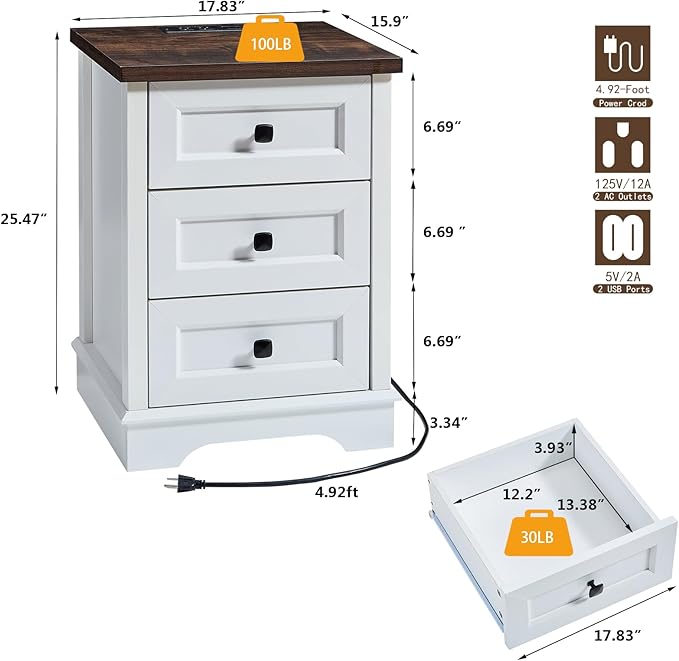LIDYUK 3 Drawer White Dresser for Bedroom Farmhouse Dresser Chest of Drawers, 25" Tall Nightstand with Charging Station Chest of Drawers for Bedroom, Living Room