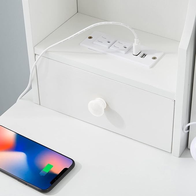 Dressing Table with Power Outlet for Hair Dryer, Phone Charging, Vanity Set with Miror and Lights, 5 Drawers and 6 Cabinets, Makeup Table for Girls, White