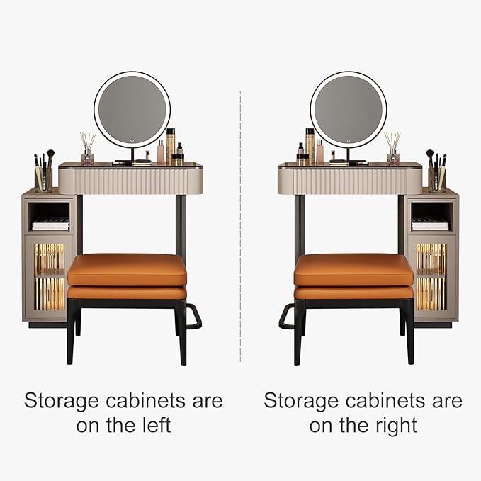 Lartis Makeup Vanity, with LED Makeup Mirror, Three Adjustable Light Levels, Tempered Teal Glass countertop,White Wax Wood Makeup Stool