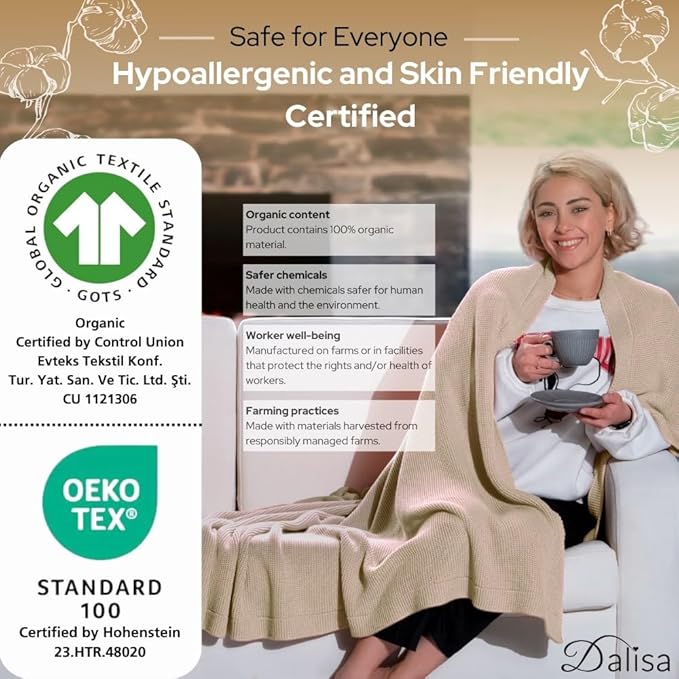 Dalisa 100% Organic Turkish Cotton Throw Blanket - GOTS Certified, Cozy - Perfect for Couch, Bed, and Home Decor - Boho Vintage Knit Alina (Earth Ivory, 60x80)