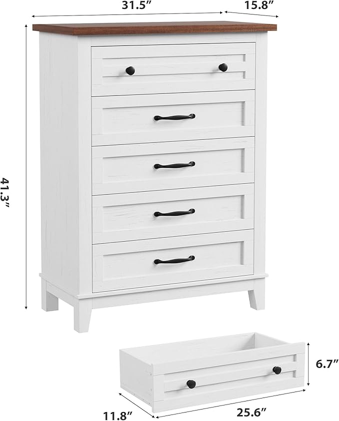 GarveeHome 5 Dresser for Bedroom, 41.3" Tall Vertical Drawer Dresser with Large Storage, Freestanding Wooden Closet Chest for Bedroom, Living Room, White + Brown