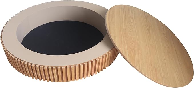 Round Coffee Table for Living Room, Accent Fluted Drum Coffee Table with Storage, Modern Solid Wood Veneered Circle Center Tea Table for Small Space Apartment (39.4''D×14''H-Natural)