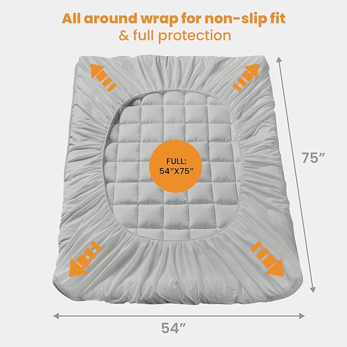 MATBEBY Full Size Mattress Pad - Cooling Breathable Mattress Topper, Quilted Fitted Mattress Protector, Pillow Top Mattress Cover with 8-21" Deep Pocket, Machine Washable, Light Grey, 54x75 Inches