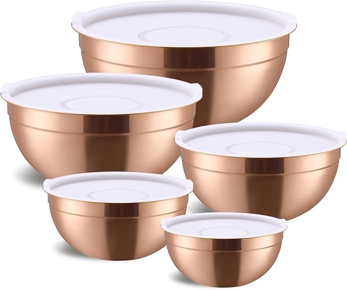 Rose Gold Mixing Bowls with Airtight Lids, Stainless Steel Nesting Mixing Bowls Set of 5, Ideal for Baking, Prepping and Serving Food, Size 5.5, 3.6, 2.7, 2.1, 1.5, QT, Stackable Design