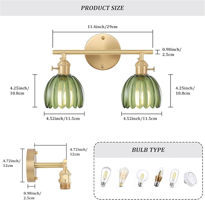 Bathroom Light Fixtures, 2-Light Brass Vanity Wall Light Over Mirror with Green Tulip Glass Shade for Bedroom Living Room