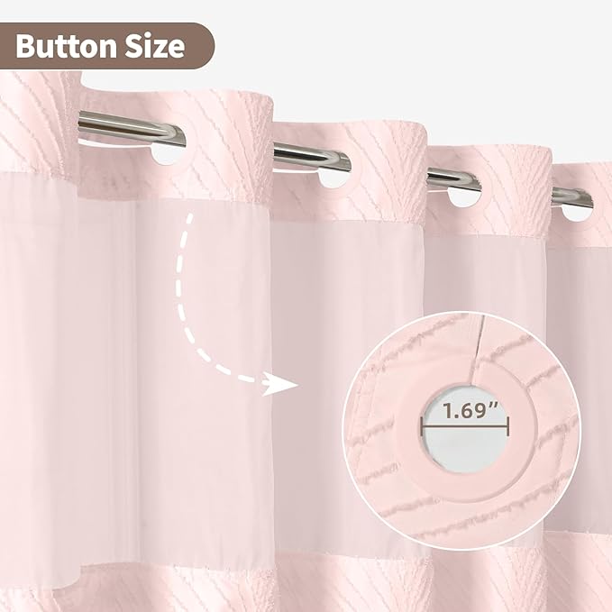 no Hook Shower Curtain and Liner Set，Boho Style with See Through Top Window, Pink Fabric Tufted Striped Textured Outer Curtain & Waterproof Inner Liner, Pink, 71Wx98H